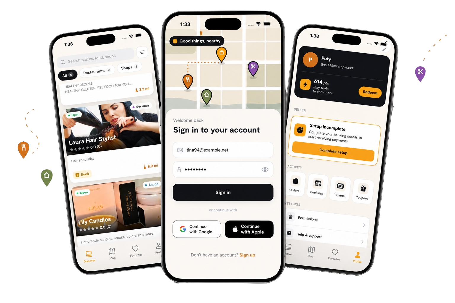Cerca app shown on three iPhones — discover nearby places, sign in, and manage your seller profile